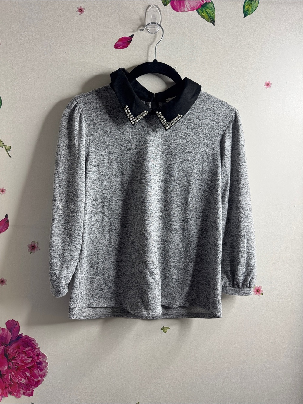 Faith and Joy Gray Knit Top with Embellished Black Collar